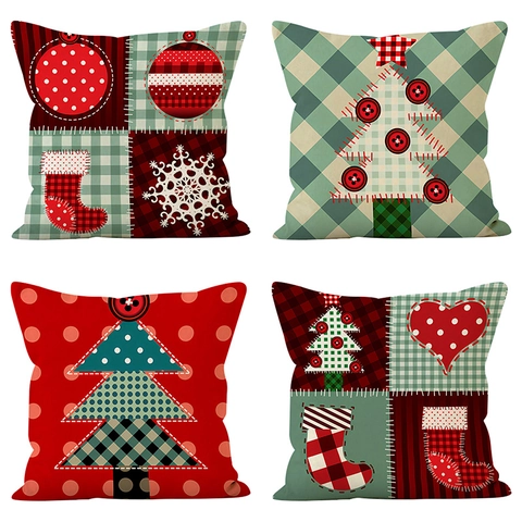 Funda De Cojín Árbol De Navidad Lino Poliéster Estampado Rayas Lunares Patchwork Decoración Sofá Hogar Festivo