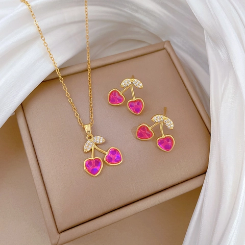 Cherry Shaped Necklace And Earrings Heart Crystal Titanium Steel Gold Plated Elegant Zircon Jewelry For Women