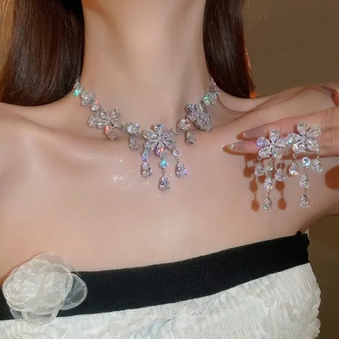 Collana Orecchini Floreali Nappa Goccia Zirconia Rame Sposa Matrimonio Accessori Donna Con Perno In Argento