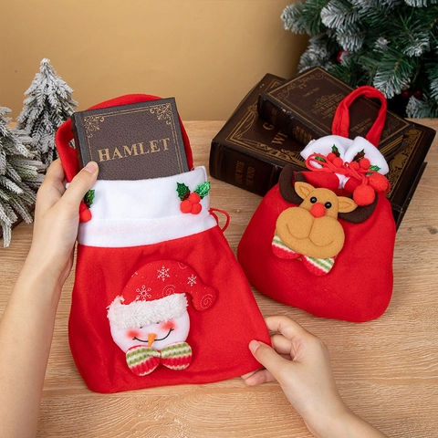 Christmas Gift Bag Felt Drawstring Tote Cartoon Santa Snowman Reindeer Holiday Party Favors Handheld