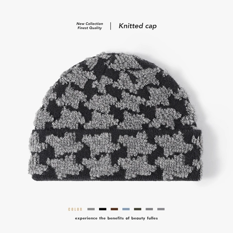 Women Knitted Beanie Hat Faux Rabbit Fur Houndstooth Jacquard Thickened Winter Warm Cuffed Minimalist Skull Cap