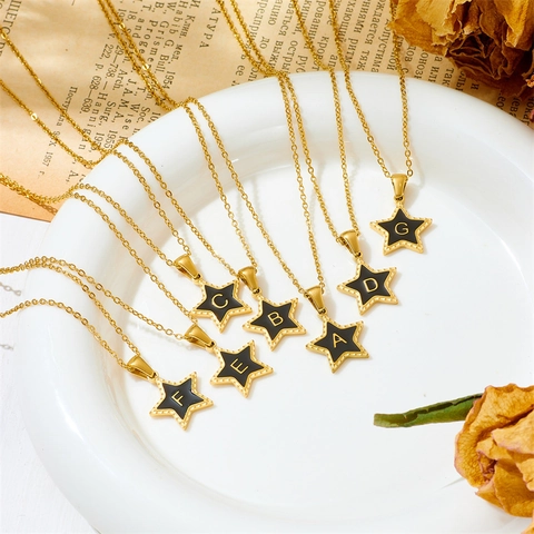 Stainless Steel Pendant Necklace With Black Enamel Star Initial Letter Gold Plated Minimalist Jewelry For Women
