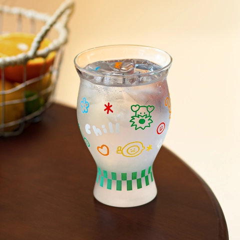 Cartoon High Borosilicate Glass Water Cup Heat Resistant Printed Checkerboard Pattern Mug For Coffee Juice Milk