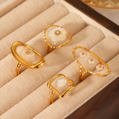Bague Ouverte Vintage En Acier Inoxydable Pour Femmes Style Français Résine Fleur Coquille Bijoux Géométriques