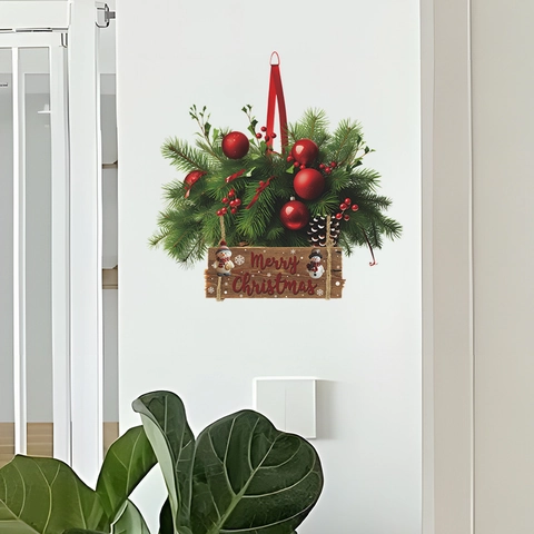 Adesivo Da Parete Di Natale Effetto 3D Ramo Di Pino Simulato Bacca Palla Rossa Insegna Merry Christmas PVC Decoro