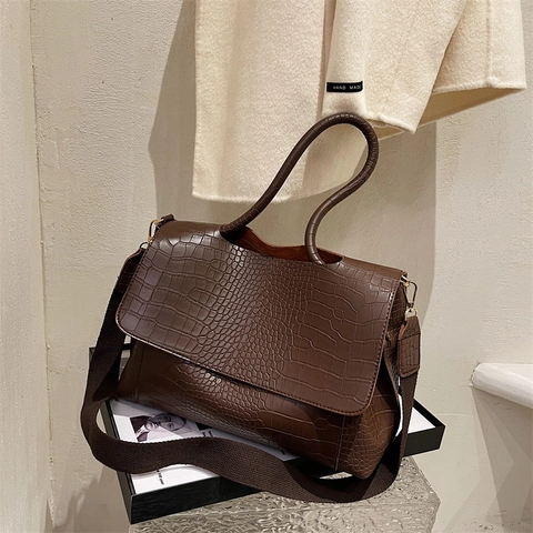 Crocodile Pattern Women Shoulder Bag Large Capacity PU Leather Flap Tote Commuter Handbag With Detachable Strap