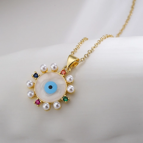 Evil Eye Anhänger Halskette Kupfer Vergoldet Bunte Zirkonia Emaille Künstliche Perle Herz Rund Schmuck Für Damen