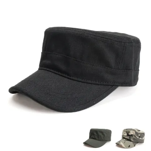 Cadet Cap Cotton Flat Top Military Hat Vintage Adjustable Buckle Camouflage Solid Color Outdoor Sunshade Unisex