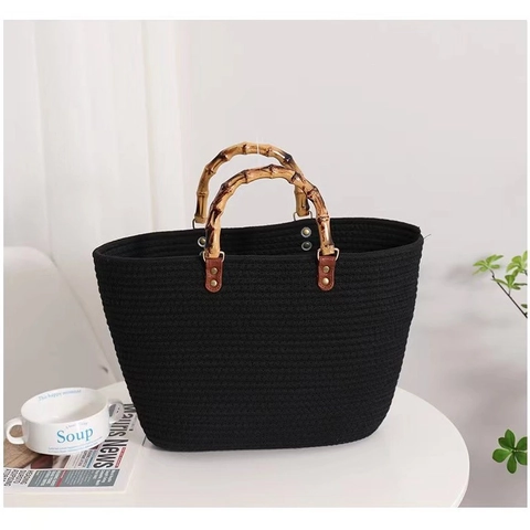 Borsa Tote Paglia Cotone Intrecciata Con Manico Bambù Righe Vacanze Mare Vintage