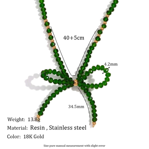 Handmade Faceted Artificial Crystal Green Beads Bow Pendant Necklace Stainless Steel Neck Chain For Women Elegant Fashion Jewelry