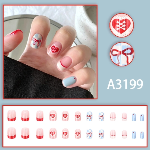 Short Square Press On Nails French Blue Checkerboard Red Heart Bow Knot Sweet Cute Artificial Nails