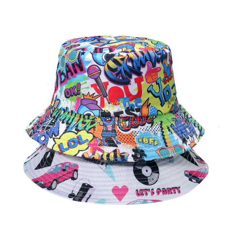 Retro 80s 90s Disco Graffiti Print Bucket Hat Polyester Streetwear Hip Hop Sun Hat For Men Women