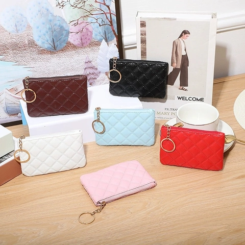 Fashion Quilted PU Leather Coin Purse Mini Wallet For Women With Metal Key Ring Zipper Closure Rhombic Pattern