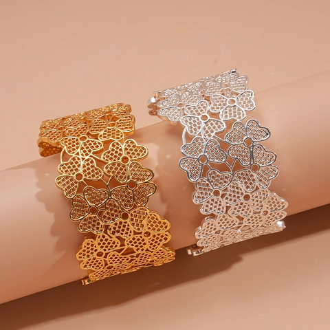 Bracciale Rigido A Polsino Con Fiori Svuotati Vintage Da Donna Rame Largo Gioiello Floreale Regolabile