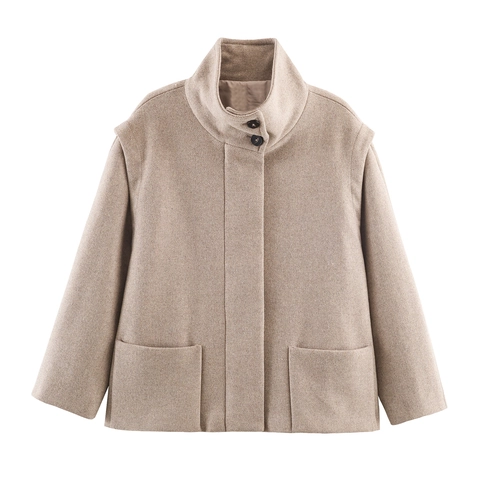 Abrigo De Lana Corto Mujeres Cuello Alto Chaqueta Holgada Color Sólido Ropa De Abrigo Con Bolsillos Moda Elegante Streetwear