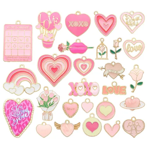 Pink Enamel Heart Rose Flower Alloy Charms For DIY Jewelry Making Romantic Gold Plated Pendants Accessories