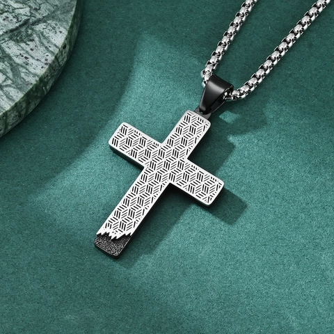 Collana Con Ciondolo A Croce In Acciaio Inossidabile Da Uomo Bicolore Trama Geometrica Nido D'Ape Hip Hop Punk