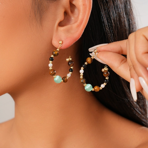 Vintage Beaded Hoop Earrings With Tiger Eye Cat Eye Stone Imitation Artificial Pearl And 925 Sterling Silver Earring Post Retro