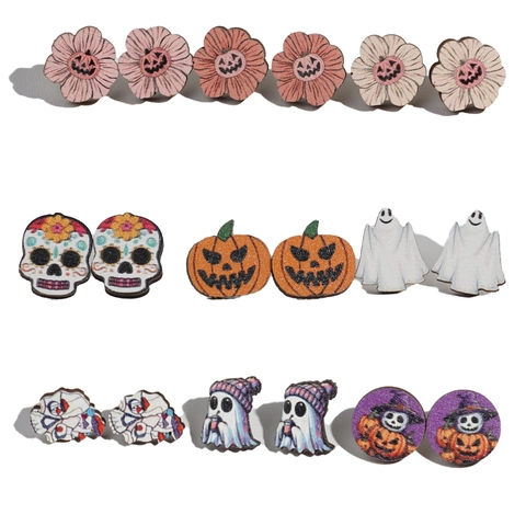 Halloween Stud Earrings Wood Pumpkin Ghost Skull Funny Festive Jewelry With Stainless Steel Earring Posts For Women