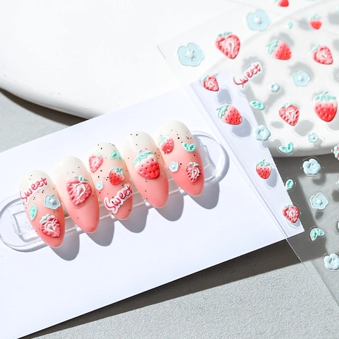 Adesivi Unghie Rilievo 3D Motivi Fragola Fiori Sweet Decalcomanie Autoadesive Decorazione Manicure DIY Per Donne
