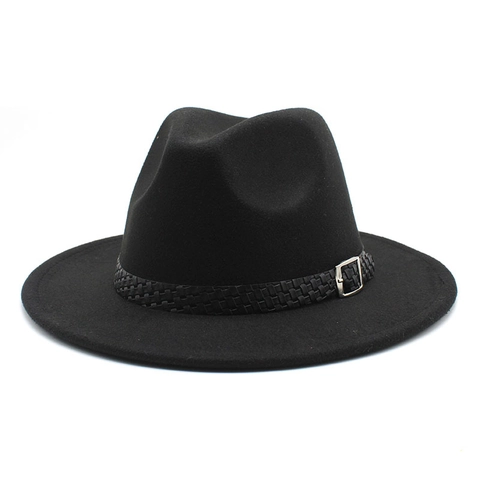 Unisex Wide Brim Fedora Hat Vintage Felt Jazz Cap With Braided Belt Buckle Solid Color Elegant Autumn Winter Accessory