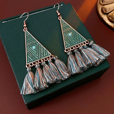 Bohemian Triangle Tassel Earrings Alloy Enamel Geometric Ethnic Vintage For Women With Silver Earring Post