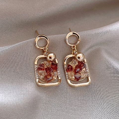 Vintage Geometric Square Alloy Drop Earrings With Amber Stone Rhinestones And 925 Sterling Silver Earring Post For Women