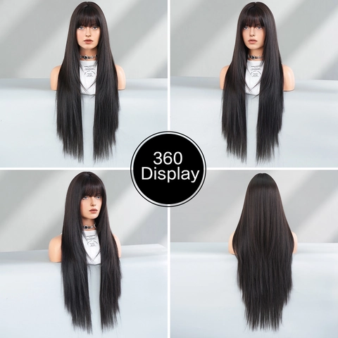 Super Long Straight Synthetic Wig With Bangs For Women Layered Natural Heat Resistant Fiber Full Head Hair Wigs Daily Party