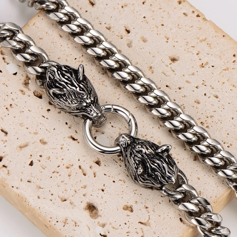 Collar De Cabeza De Lobo Vikingo Retro Para Hombre Acero Inoxidable 304 Cadena Cubana Hebilla Redonda Estilo Punk
