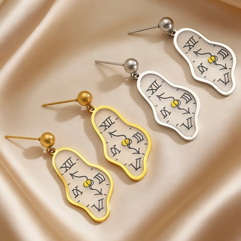 Pendientes de Botón de Reloj de Fusión Surrealista para Mujer Acero Inoxidable 304 Estilo Dalí Números Romanos Joyería Artística Creativa Regalo