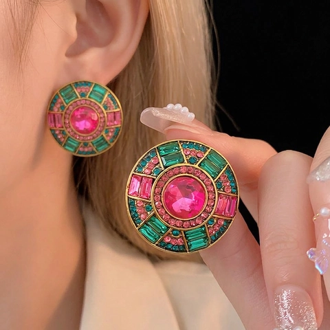 Gioielli Rotondi Vintage Con Strass Rosa Verdi Perline Lega Perno In Argento Stile Palazzo Di Lusso Per Le Donne