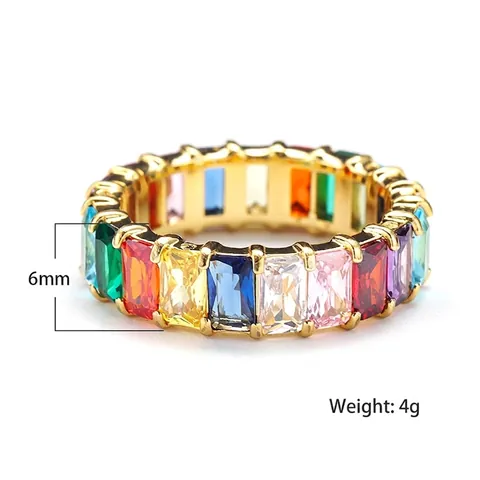 Baguette Cut Eternity Ring Titanium Steel Rainbow Zircon Colorful Minimalist French Style Jewelry For Women