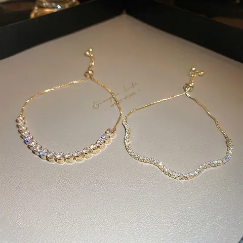 Bracelet Géométrique Ajustable À Vagues Élégant Luxe Cuivre Avec Zircon Strass Tennis Bangle Pour Femmes Mode