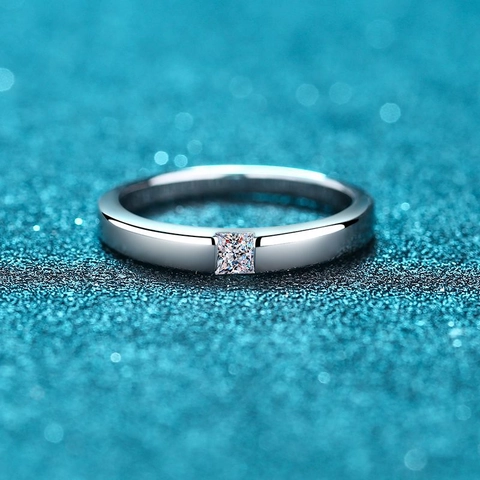 Anillo De Moissanita Plata De Ley 925 Piedra Corte Princesa Cuadrada Banda De Compromiso Minimalista Simple Unisex