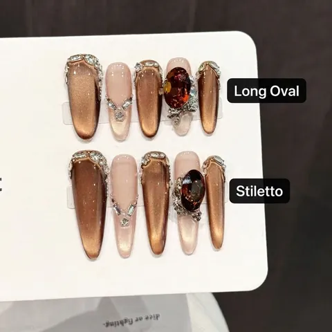 Press On Nails Amber Kattenoog Met Strass-steen Edelsteen Boog Sieraden Handgemaakt Lange Amandel Kunstnagels