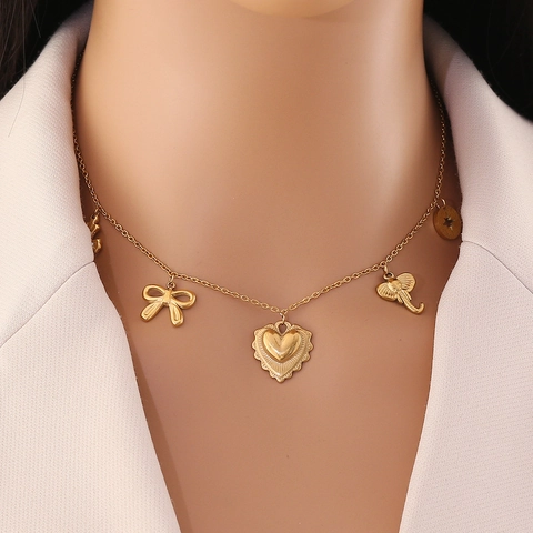 Collana Pendente Cuore Fiocco Elefante Croce Stella Imitazione Perla Artificial Acciaio Inossidabile Placcato Oro Gioielli Donna