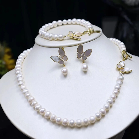 Elegante Süßwasserperlen Schmuckkollektion Schmetterling Anhänger Halskette Armband Ohrstecker Ring Für Damen Geschenk Accessoires