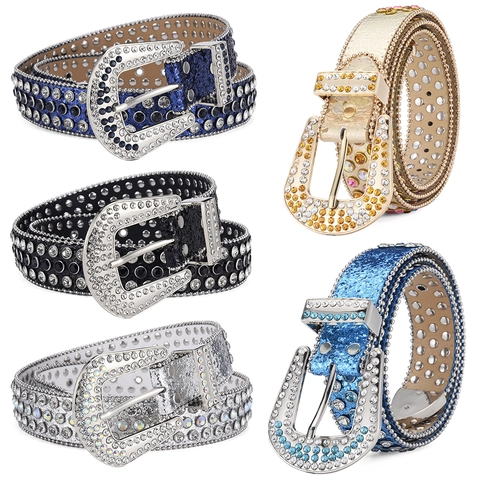 Rhinestone Riem Western Gesp Kunstleer Punk Y2K Glimmende Bezet Met Studs Taillebrand Voor Heren Dames
