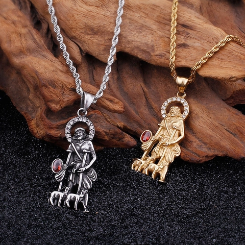 Retro San Lazaro Religieuze Hanger Ketting Roestvrij Staal Met Rode Steen En Witte Strass Hip Hop Sieraden
