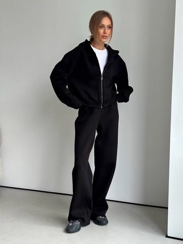 Sudadera Con Capucha Deportiva Y Pantalones De Pierna Ancha Color Sólido Algodón Peinado Cremallera Chándal Holgado Streetwear Para Mujer