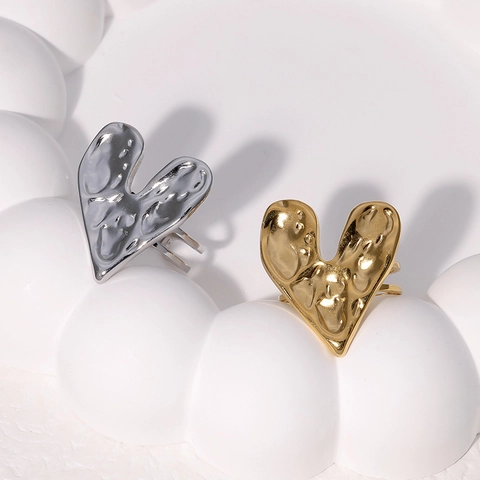 Anillo Abierto Ajustable Con Forma De Corazón De Acero Inoxidable Chapado En Oro De 18K Textura De Lava Para Mujer