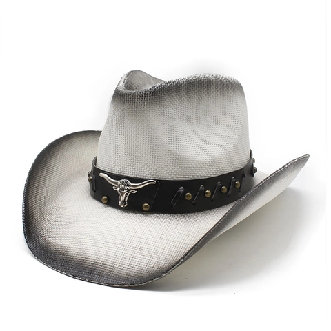 Western Cowboy Straw Hat Braided Sun Protection Beach Travel Vintage Style With Bull Head Decor Faux Leather Band Unisex