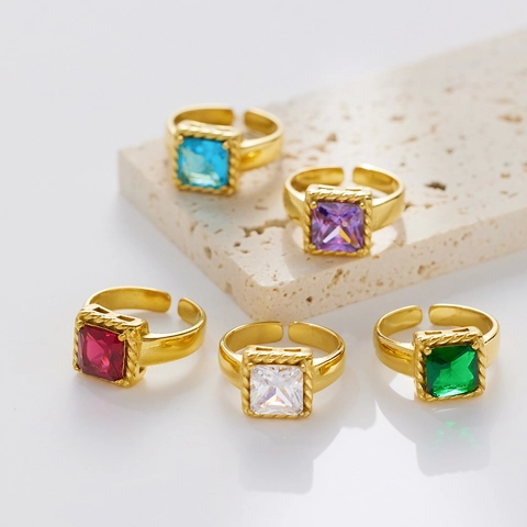 Quadratischer Zirkonia Offener Ring Edelstahl Retro Verstellbar Torsionsseil Rand Französischer Stil Schmuck Für Frauen