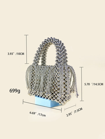 Mode Silberne Perlen Handtasche Handgefertigte Gewebte Acrylperlen Quasten Eimertasche Abendparty Streetwear Für Damen