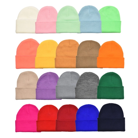 Strickmützen Beanie Einfarbig Weiches Acryl Warm Winter Herbst Umschlag Eltern Kind Familie Rippstrick Lässig