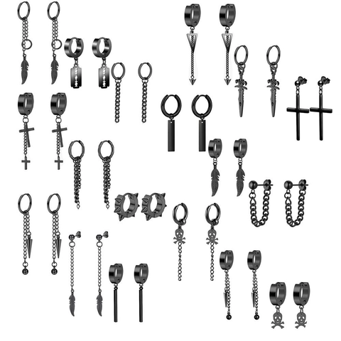 Stainless Steel Earrings For Men Women Black Silver Punk Gothic Cross Feather Dagger Dangle Stud Hoop Jewelry