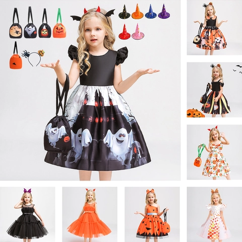 Halloween Girls Witch Pumpkin Cosplay Dress Polyester Tulle Printed Bowknot Holiday Party Performance Outfit Hat Bag