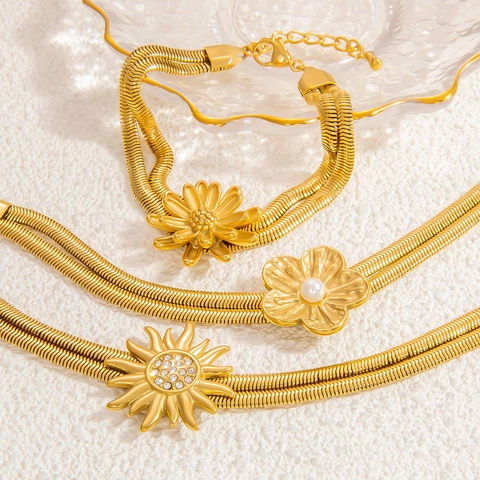 Lussuoso Braccialetto a Doppia Catena a Serpente in Acciaio Inossidabile Placcato Oro 18K per Donna Ciondolo Margherita Sole Stella Marina Strass Perla Artificiale