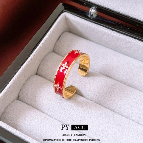 Vintage 18K Vergulde Koperen Open Ring Rode Emaille Zirkoon Kruis Bloem Retro Modieuze Verstelbare Sieraden Voor Dames