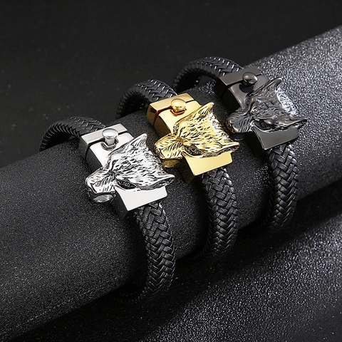Pulsera De Cuero Trenzado Con Cabeza De Lobo Hebilla De Acero Inoxidable Joyería De Estilo Biker Punk Vikingo Para Hombre
